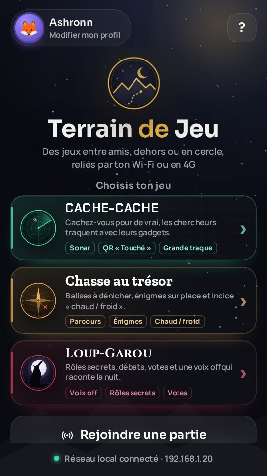 Écran d'accueil : choix du jeu